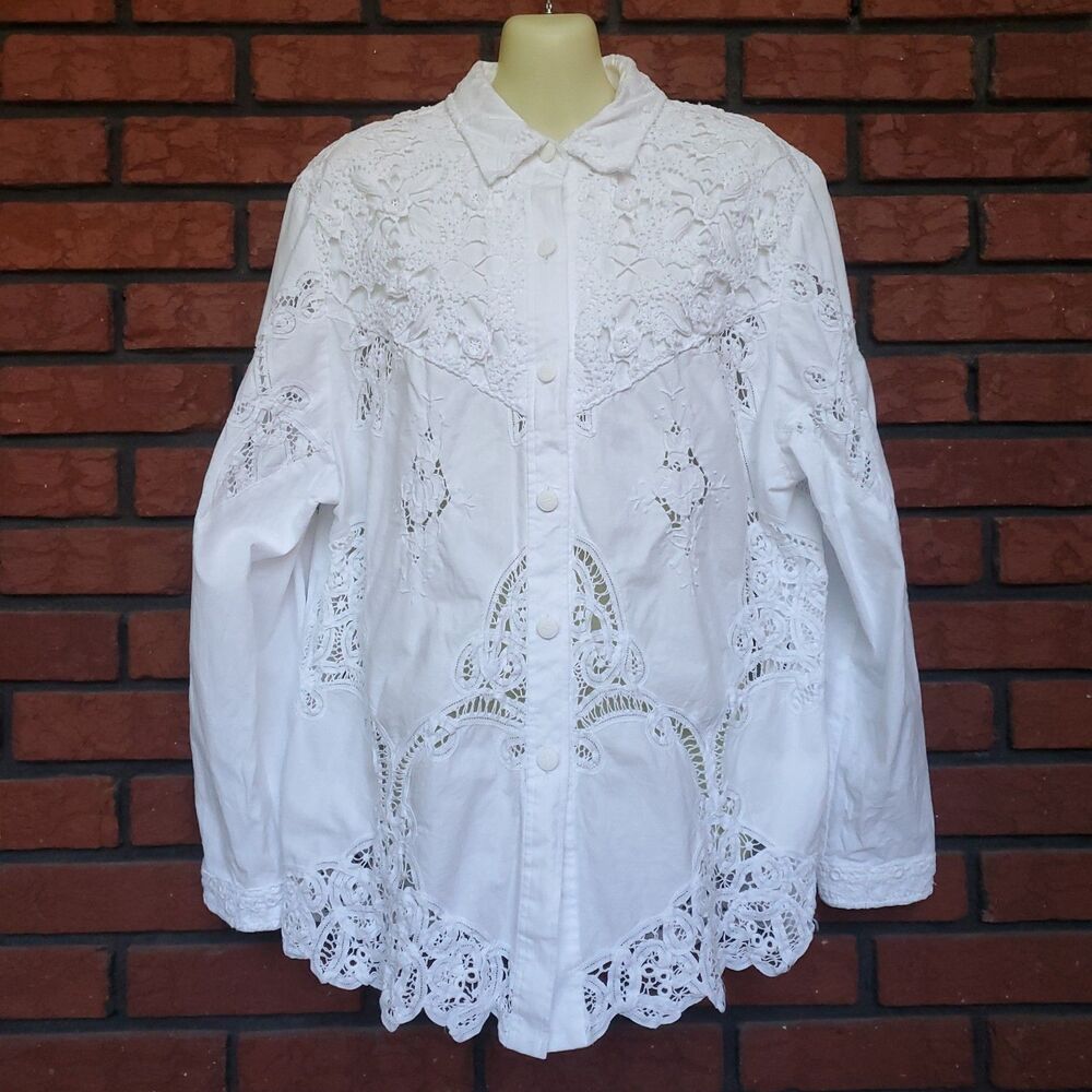 Vintage LIM’S White Crochet Lace Eyelet Button Top Sz L Country Cowgirl Cottage
